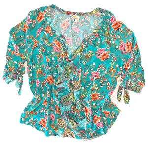 Anthropologie Green and Blue Ruffled Tie Front Blouse